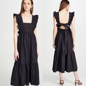 Self-Portrait Black Apron Pinafore Open-Back Ruffled Cotton-Poplin Midi Dress
